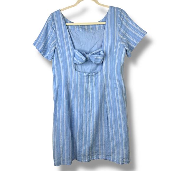 By Anthropologie Cape May Blue Stripe Boat Neck Bow-Tie Back Linen Mini Dress - Picture 7 of 10